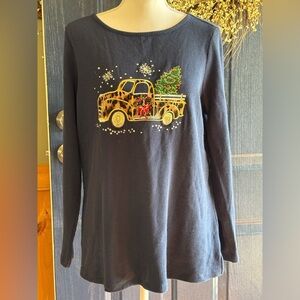 Quacker Factory Navy Blue Festive Leopard Print Truck Long Sleeve Thermal Tee M